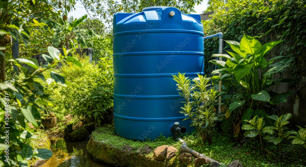 Rainwater harvesting tank set in a lush garden surrounded by greenery in bright sunlight Rainwater harvesting tank set in a lush garden surrounded by greenery in bright sunlight