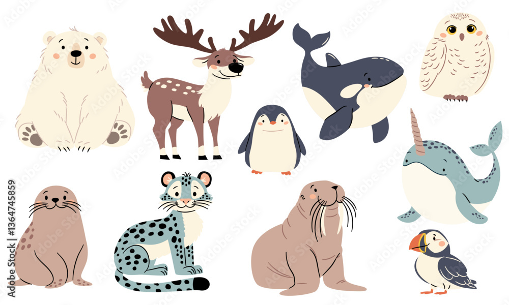 Obraz premium Vector set of flat vector illustrations in a simple children's style. Cute animals of the north pole. Polar bear walrus walrus penguin snow leopard seal orca polar owl narwhal. Vector illustration