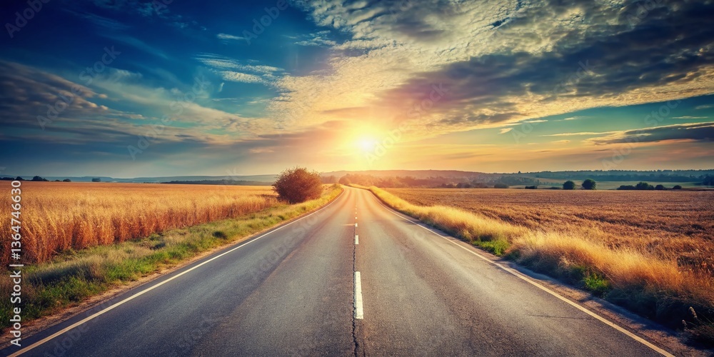 Naklejka premium Vintage Country Road: Empty Asphalt Highway in Rural Landscape
