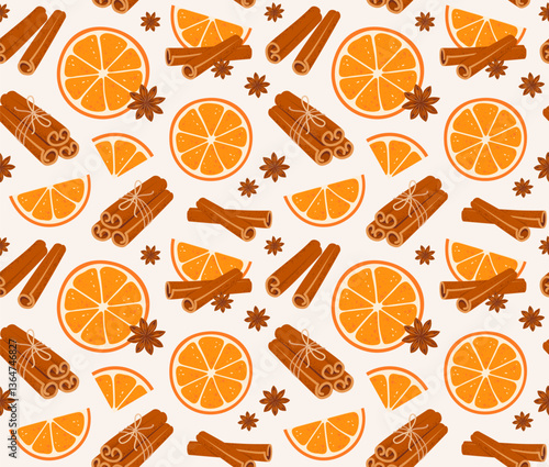 Seamless pattern with orange slices, cinnamon sticks tied with jute rope. Sweet cooking and bakery spices. Vector illustration