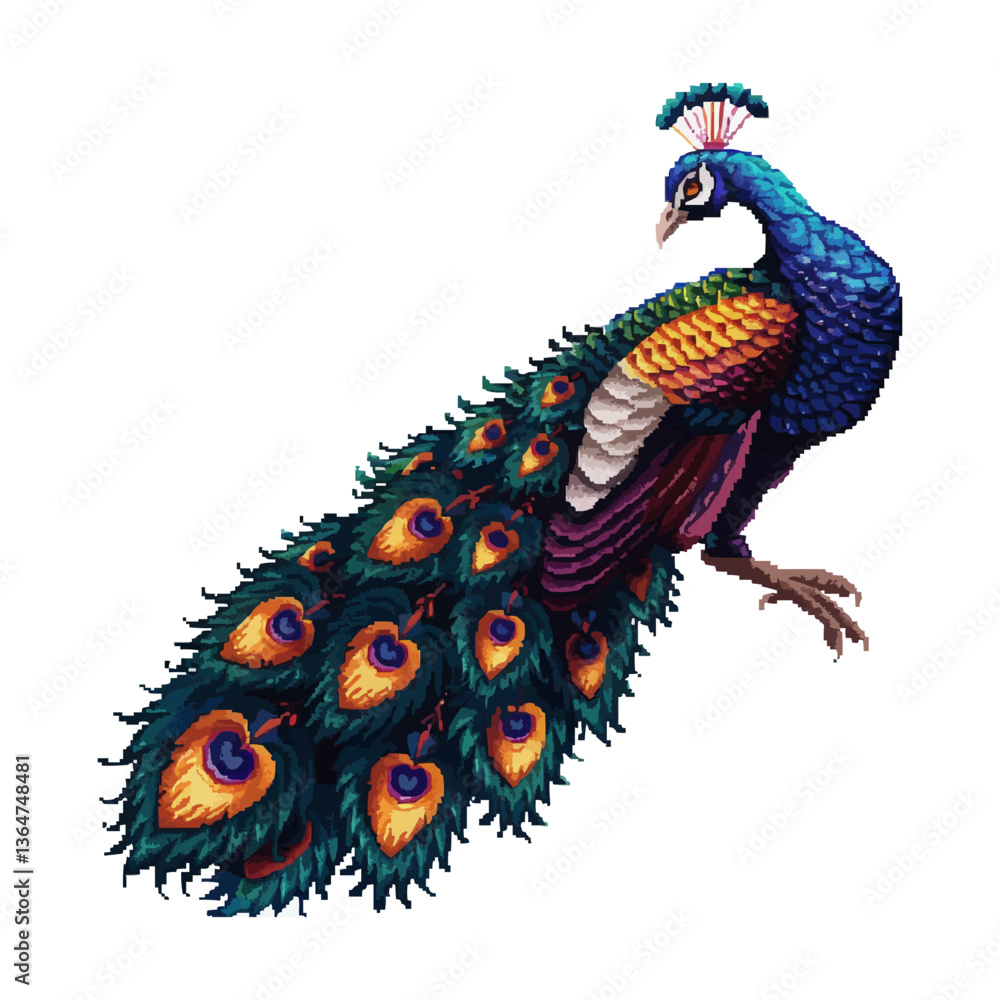 Obraz premium Majestic peacock with vibrant feathers in detailed pixel art.