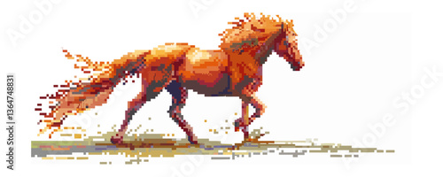 Pixel art illustration of a galloping horse on white background.