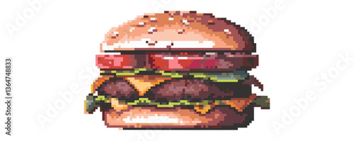 Pixel art cheeseburger with lettuce, tomato, and cheese on sesame bun.