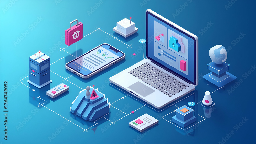 Isometric Illustration of E-Commerce: Digital Transactions & Online Shopping Isometric Illustration of E-Commerce: Digital Transactions & Online Shopping
