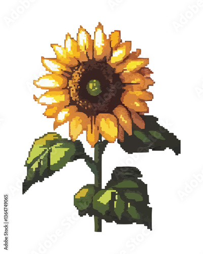 Vibrant pixel art sunflower on white background.