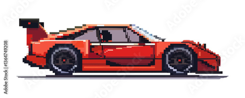 Pixel art red sports car with spoiler in side view.