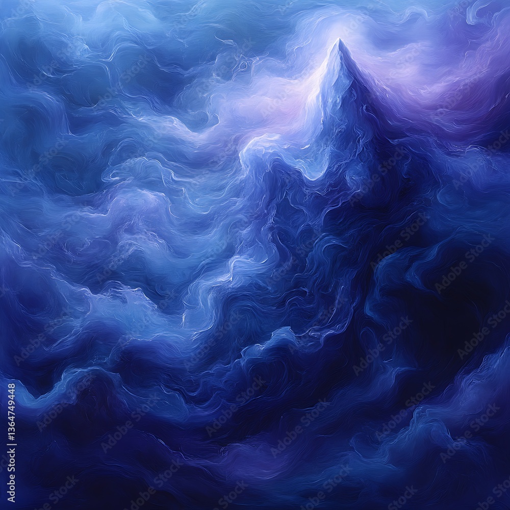 Obraz premium Abstract blue mountain emerging through cloudy and luminous atmosphere