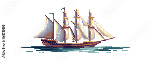 Pixel art sailing ship on ocean.