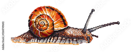 Colorful pixel art snail with spiral shell on white background.