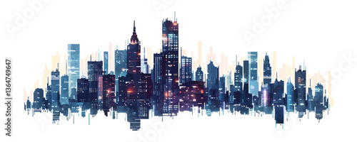 Abstract city skyline with skyscrapers and night lights.
