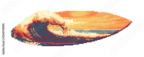 Pixel art surfboard with vibrant orange sunset wave design.