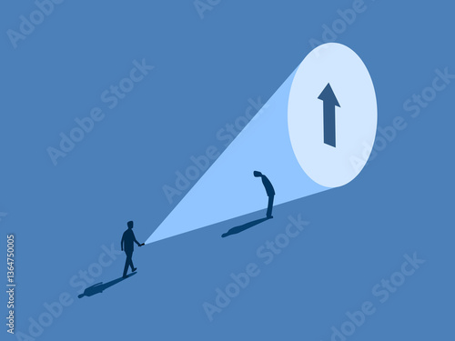 Businessman holding a flashlight to guide his colleagues to the career direction arrow
