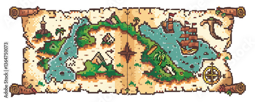 Vintage pixelated fantasy treasure map with islands and oceans.
