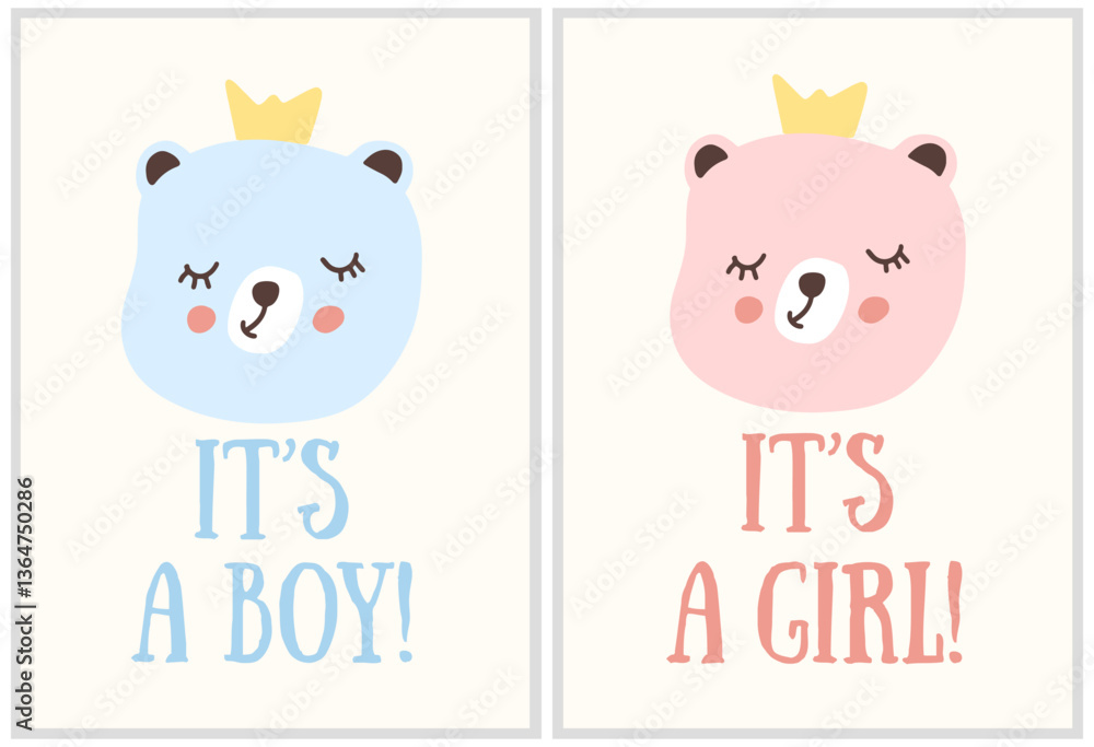 Obraz premium Cute baby shower card with blue and pink bear illustrations for boy and girl announcement. Vector illustration