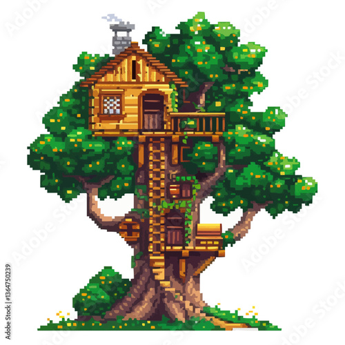 Charming pixel art treehouse with wooden details and lush green foliage.
