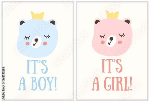 Cute baby shower card with blue and pink bear illustrations for boy and girl announcement. Vector illustration