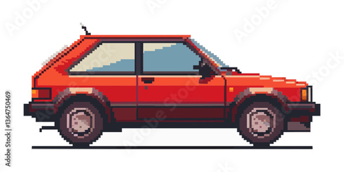 Retro pixel art red hatchback car side view in 8-bit style.