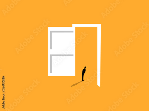 Opening up to the world, Businessman stands and opens the big door of opportunities