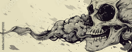 Intricate skull illustration with flowing smoke in monochrome design.