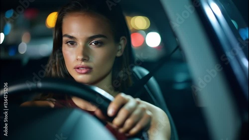 Woman Driving at Night in City – Female Driver, Car Interior, Urban Traffic, Bokeh Lights