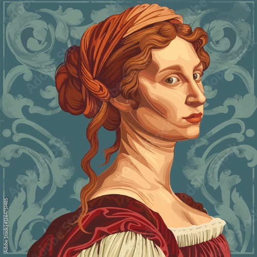 Renaissance style female portrait with headscarf and red dress.