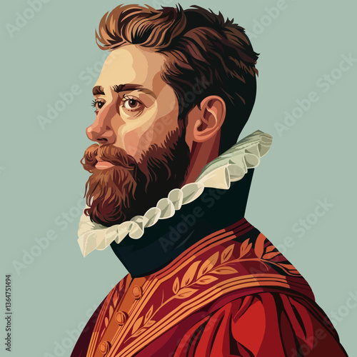 Portrait of a caucasian male in renaissance attire with beard and ruff collar.