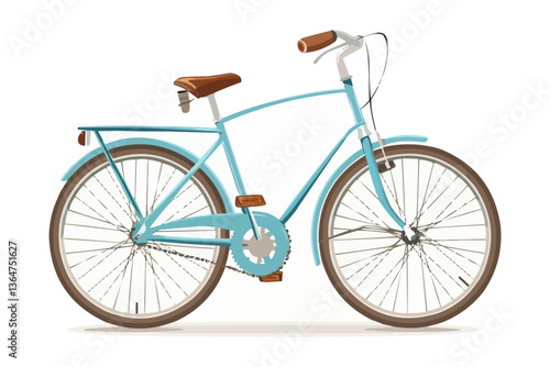 Retro blue bicycle with brown leather saddle and handlebars on white background.