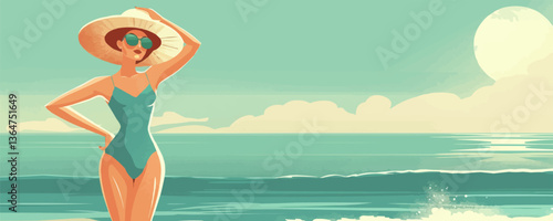 Stylish caucasian female relaxing at the beach in a swimsuit and hat on a sunny day.