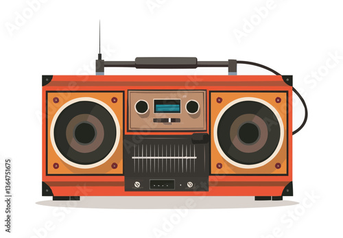Retro orange boombox with antenna and speakers on white background.