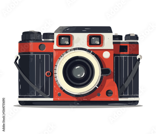 Retro red and black vintage camera illustration with white background.