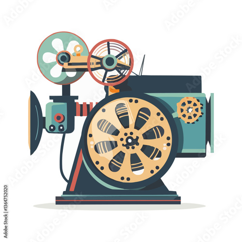 Vintage movie projector with colorful gears and reels.