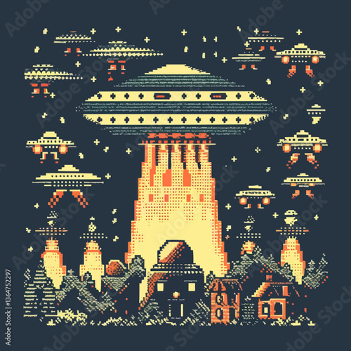 Pixel art ufo invasion over town at night.