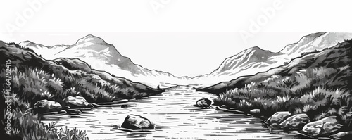 Serene mountain river landscape in black and white illustration.