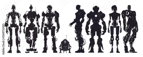 Diverse robotic figures and silhouettes of humanoid robots.
