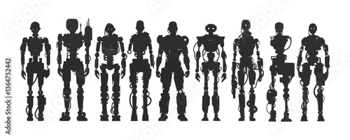 Silhouette of diverse robots: technology and futuristic design.