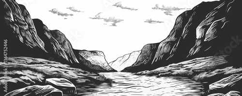 Monochrome mountain landscape with river and dramatic sky.