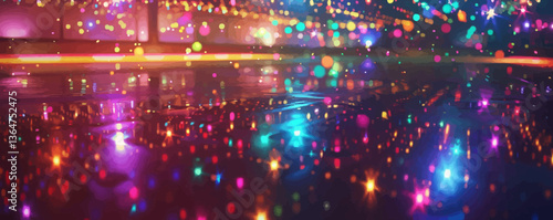 Vibrant abstract bokeh lights reflecting on wet street at night.