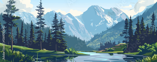 Serene mountain landscape with pine trees and tranquil lake.