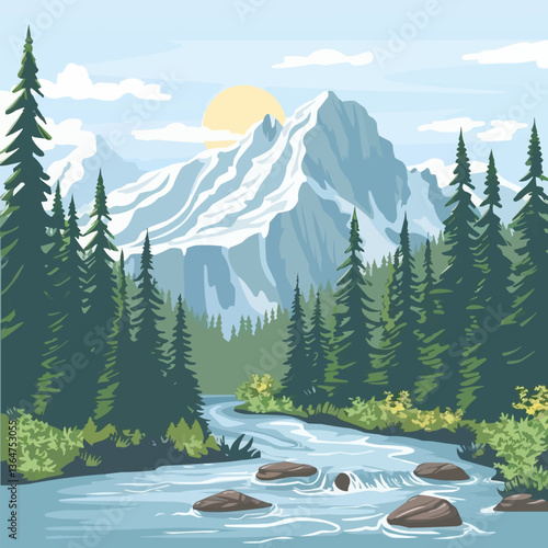Majestic mountain landscape with pine trees and flowing river under sunny sky.