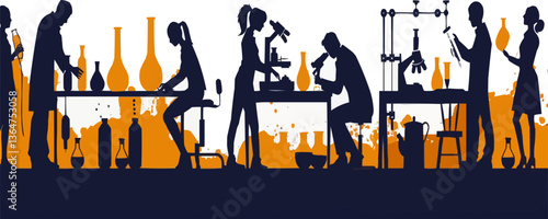 Diverse scientists conducting experiments in laboratory silhouette.