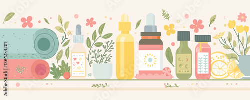 Relaxation and wellness scenery with essential oils and yoga mats.
