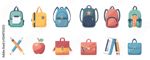 Colorful backpacks and school supplies illustration with pencils and apple.