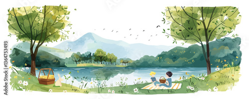 Serene picnic by the lake with two children and a stunning mountain view.