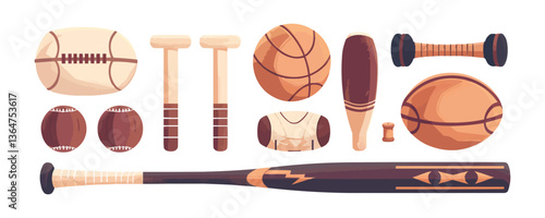Collection of various sports equipment including baseballs, basketball, bats, and dumbbells.