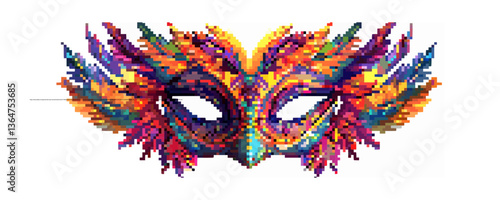 Colorful pixel art feather mask with vibrant patterns and details.