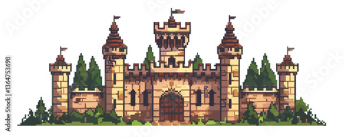 Pixel art medieval castle with towers and flags surrounded by trees.