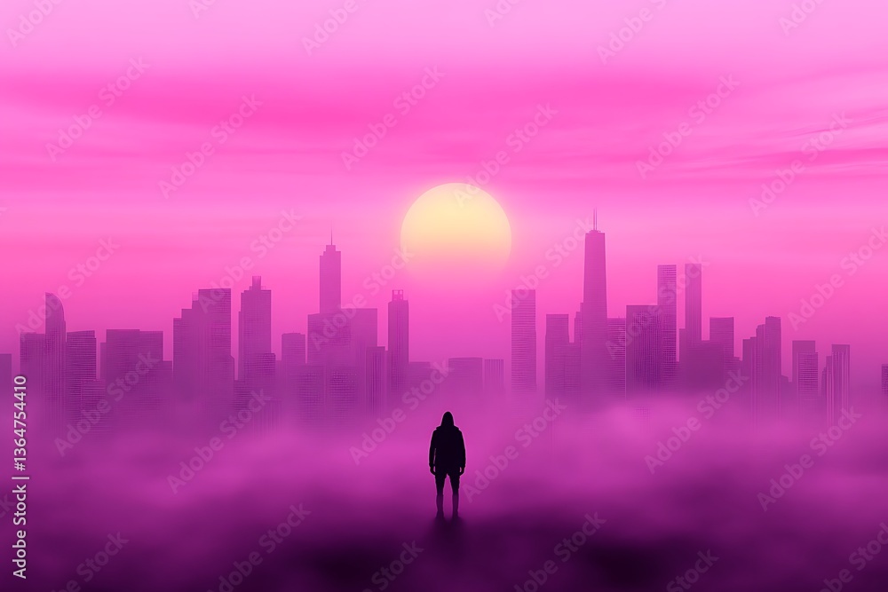 A solitary figure stands before a foggy cityscape at sunset A solitary figure stands before a foggy cityscape at sunset