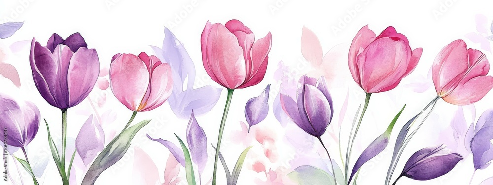 Fototapeta premium Elegant Watercolor Pink and Purple Tulips for Wedding Invitations, Greeting Cards, Wallpapers, Fashion Designs and Art Prints