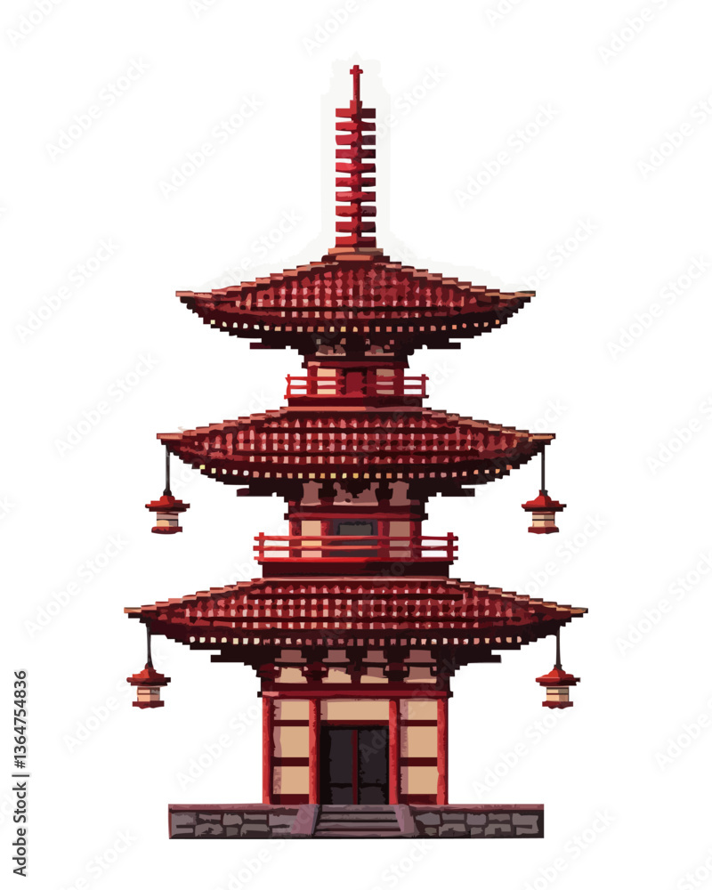 Traditional japanese pagoda in pixel art style with three-tiered roof. Traditional japanese pagoda in pixel art style with three-tiered roof.