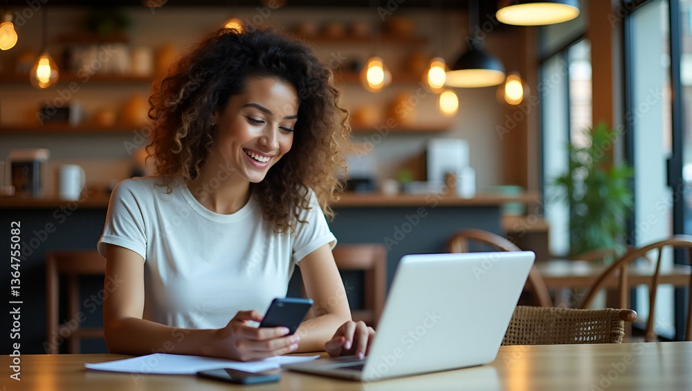 Woman Working Happily with Smartphone and Notebook in Coffee Shop: A Modern Remote Work Concept Showcasing Digital Productivity in a Relaxed Setting with Empty Space for Customization